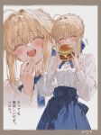  1girl absurdres ahoge ai-generated artoria_pendragon_(fate) blonde_hair blue_skirt blush burger closed_eyes commentary_request eating fate/stay_night fate_(series) food hair_between_eyes happy highres holding holding_burger holding_food multiple_views open_mouth saber_(fate) shirt sidelocks skirt smile solo tarte_(hodarake) translation_request white_shirt 