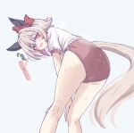  1girl animal_ears ass black_hairband blush bow breasts buruma commentary_request curren_chan_(umamusume) ear_bow ear_covers from_behind grey_hair gym_shirt hair_between_eyes hairband horse_ears horse_girl horse_tail looking_at_viewer looking_back open_mouth purple_eyes red_bow red_buruma shirt short_hair smile solo tail tofu_thunder tracen_training_uniform umamusume white_shirt 