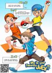  3boys arm_up autumn_snow backwards_hat baseball_cap black_shoes black_shorts blue_hat blue_shoes bright_pupils brown_eyes brown_hair brown_pants capri_pants clenched_hand commentary copyright_name english_commentary english_text hand_in_pocket hat holding holding_poke_ball hood hood_down knees legs_apart male_focus multiple_boys navel orange_hat orange_shirt pants poke_ball poke_ball_(basic) pokemon pokemon_bw pokemon_oras pokemon_xy qr_code shirt shoes short_hair shorts sleeveless sleeveless_shirt speech_bubble yellow_shirt youngster_(pokemon) 