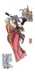  1girl absurdres alternate_costume axe birch_tree blue_eyes brown_hair f5d4ddy full_body hand_up highres holding holding_axe limbus_company looking_at_viewer project_moon rodion_(project_moon) simple_background smile solo st._basil's_cathedral tree white_background 