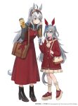  0013kell 2girls ahoge animal_ears bag black_boots blue_bow blue_eyes blush boots bow churro closed_mouth coat commentary cup disposable_cup dress ear_bow ear_covers ear_ornament eating english_commentary fang food food_on_face grey_hair grey_sweater grey_tail hair_between_eyes hairband highres holding holding_churro holding_cup horse_ears horse_girl horse_tail jewelry long_hair long_sleeves multicolored_hair multiple_girls necklace oguri_cap_(umamusume) open_mouth ponytail red_coat red_dress red_hairband red_shoes shoes shoulder_bag sleeveless sleeveless_dress smile socks sweatdrop sweater tail tamamo_cross_(umamusume) umamusume very_long_hair white_bow white_socks 