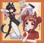  2girls animal_ears black_hair bow braid brown_hair bun_with_braided_base china_dress chinese_clothes chinese_food cleavage_cutout clothing_cutout double_bun dress eating flying_kick food grid_background hair_bow hair_bun hair_ornament high_kick highres holding holding_bamboo_steamer holding_plate horse_ears horse_girl horse_tail kicking kitasan_black_(umamusume) kudach_i multiple_girls outline outside_border panda_hair_ornament plate puffy_pants puffy_short_sleeves puffy_sleeves purple_eyes short_sleeves sleeveless steamed_bun sweep_tosho_(umamusume) tail umamusume white_outline yellow_eyes 