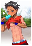  1boy abs licking looking_away male_focus muscle outdoors popsicle shirt_lift shota solo sweat 