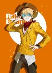  1boy absurdres adjusting_eyewear aqua-tinted_eyewear blonde_hair brown_hat brown_pants chinese_commentary commentary_request cowboy_shot earrings fate/strange_fake fate_(series) flat_escardos glasses grin hand_on_own_hip hat highres jacket jewelry lapels long_shirt looking_at_viewer male_focus mimulishizi neckerchief notched_lapels orange_background pants red_neckerchief shirt short_hair smile solo tinted_eyewear white_shirt yellow_jacket 