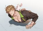  1boy animal_on_back arm_behind_back bags_under_eyes belt blonde_hair blush brown_shirt collar collarbone collared_shirt ermine exercising green_belt green_collar hair_between_eyes highres large_pectorals looking_at_viewer male_focus muscular muscular_male nu_carnival one_arm_push-ups orange_eyes pants parted_lips partially_open_shirt pectoral_cleavage pectorals push-ups quincy_(nu_carnival) riba_river shirt short_hair simple_background solo suspenders sweat training very_sweaty weasel 
