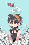 1boy :o absurdres aqua_background black_choker black_hair black_shirt brown_eyes choker commentary_request falling_petals flower glint hair_between_eyes hairband highres jojo_no_kimyou_na_bouken male_focus narancia_ghirga open_mouth orange_hairband petals sakeflake4 shirt sitting sleeveless sleeveless_shirt smoke smoke_trail solo toy_airplane trap upper_body vento_aureo white_flower white_petals 