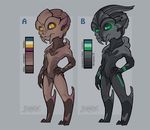  2016 2_fingers 2_toes adoptables alien big_eyes big_head black_body brown_body brown_claws chibi claws color_swatch cute digital_drawing_(artwork) digital_media_(artwork) duo female feranta front_view glowing glowing_eyes green_eyes green_markings green_sclera grey_body grey_claws humanoid male markings mass_effect nude ring standing toes toony turian video_games yellow_eyes yellow_sclera 