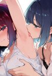  2girls ai-generated arima_kana arm_up blue_hair blush breasts grabbing_another's_breast groping hakushiheavenly hashtag-only_commentary highres kurokawa_akane licking licking_armpit multiple_girls oshi_no_ko red_hair short_hair simple_background sweat tongue tongue_out upper_body white_background yuri 