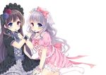  black_hair dress feeding fork frills gothic_lolita heterochromia highres lavender_hair lolita_fashion long_hair looking_at_viewer momoirone multiple_girls mutual_feeding no_shoes original socks sweet_lolita 