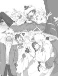  2boys animal_ears bakugou_katsuki boku_no_hero_academia coat commentary_request dtd_mha fur-trimmed_coat fur_trim ghost_costume grass greyscale highres hood hood_up hug looking_at_viewer lying male_focus midoriya_izuku monochrome multiple_boys multiple_views on_back open_mouth pants short_hair spiked_hair white_background wolf_ears yaoi 