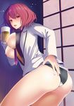  amisu ass beer_mug bent_over black_panties black_shirt blush breasts breasts_outside commentary_request cowboy_shot cup drinking_glass drunk from_behind holding holding_cup horikawa_raiko jacket large_breasts looking_at_viewer looking_back microskirt necktie nipples open_clothes open_jacket open_mouth open_shirt panties purple_neckwear red_eyes red_hair shirt short_hair skirt solo suit_jacket touhou underwear 