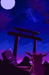  02charaice20 1girl absurdres bow commentary cup english_commentary from_behind hair_bow highres holding holding_cup horns ibuki_suika long_hair moon night pixel_art sakazuki sky solo star_(sky) starry_sky torii touhou 