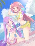  2girls :d absurdres ahoge ass bag beach bikini bikini_skirt blue_ribbon blue_sky blunt_bangs blush bracelet breasts closed_mouth cloud cloudy_sky commentary_request day dutch_angle feet_out_of_frame flower frilled_bikini frills hair_flower hair_ornament happy haru_meguru heaven_burns_red highres horizon jewelry kneeling kunimi_tama lens_flare long_hair looking_at_viewer mizuhara_aina mizuhara_aina_(sparkling_summer_jumping!) multiple_bracelets multiple_girls navel ocean official_alternate_costume official_alternate_hairstyle open_mouth outdoors palm_tree parted_bangs pink_bikini pink_hair polka_dot polka_dot_bikini purple_eyes purple_hair red_eyes red_hair ribbon ruffle_bikini scrunchie seashell seiza shell shell_hair_ornament shoulder_bag sidelocks sitting sky small_breasts smile sparkle star_(symbol) star_hair_ornament straight_hair summer swimsuit teeth thighs tree twintails two_side_up upper_teeth_only very_long_hair water watermark wrist_scrunchie yellow_bikini yellow_flower yellow_scrunchie 