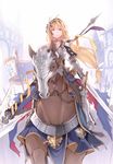  ahoge animal armor barding blonde_hair blue_eyes chromatic_aberration flower gauntlets granblue_fantasy greaves hair_flower hair_ornament hairband highres horse horseback_riding jeanne_d'arc_(granblue_fantasy) lily_(flower) long_hair looking_at_viewer nanahara_fuyuki polearm riding sheath spear sword unsheathed weapon 