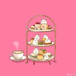  animal blueberry cake cake_slice commentary_request cup cupcake food fruit garnish hamster leaf macaron no_humans on_food original pink_background plate sandwich saucer scone signature simple_background steam strawberry swiss_roll tart_(food) tea teacup tiered_tray upiupisyo 