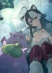  1girl absurdres ahoge animal_ears black_hair buck_teeth commentary gamer_supps grey_shirt highres holding indie_virtual_youtuber leaf leaf_on_head long_hair looking_down momote momote_(vtuber) multicolored_hair purple_eyes purple_nails rain reflection reflective_liquid shirt skunk_ears skunk_girl smile teeth two-tone_hair umbrella untranslatable_commentary virtual_youtuber water white_hair 