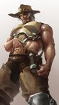  1boy bara brown_hair cowboy ha mccree_(overwatch) muscle naughty_face overwatch solo undressing 