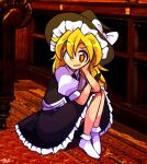  1girl anime_coloring armchair black_hat black_necktie black_skirt black_vest blonde_hair bow brown_eyes brown_pupils carpet chair collared_shirt commentary crossed_arms english_commentary frilled_headwear frilled_skirt frilled_socks frills full_body hair_between_eyes hand_on_own_cheek hand_on_own_face happy hat hat_bow highres indoors kirisame_marisa knees_up long_hair looking_at_viewer medium_skirt necktie puffy_short_sleeves puffy_sleeves rhythm_pagi shelf shirt short_sleeves signature sitting skirt socks solo touhou vest white_bow white_shirt white_socks witch_hat 