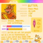 andromorph anthro butter_the_fox canid canine english_text fox genitals handwritten_text hi_res information intersex looking_at_viewer mammal mastectomy_scar model_sheet monochromanis portrait scar solo text trans_(lore) trans_man_(lore) visibly_trans vulva