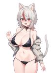  1girl :d animal_ear_fluff animal_ears aningay bikini bikini_under_clothes black_bikini breasts cat_ears cat_girl cat_tail cleavage collarbone commentary_request copyright_request fangs grey_hair grey_jacket groin hand_up highres jacket korean_commentary large_breasts long_sleeves looking_at_viewer multicolored_hair navel off_shoulder open_clothes open_jacket puffy_long_sleeves puffy_sleeves red_eyes red_hair ring_light_reflection side-tie_bikini_bottom simple_background smile solo streaked_hair swimsuit tail thick_eyebrows virtual_youtuber white_background 