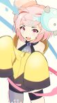  1girl :d asymmetrical_legwear bare_shoulders black_jacket blush character_hair_ornament commentary cosplay cowboy_shot doki_doki_literature_club eclipxare english_commentary fang grey_pantyhose hair_ornament highres iono_(pokemon) iono_(pokemon)_(cosplay) jacket legs_apart long_sleeves looking_at_viewer magnemite multicolored_jacket natsuki_(doki_doki_literature_club) open_mouth oversized_jacket pantyhose pink_eyes pink_hair pixiv_username pokemon pokemon_(creature) pokemon_sv short_hair short_twintails simple_background single_leg_pantyhose sleeves_past_fingers sleeves_past_wrists smile solo standing thigh_strap twintails twitter_username two-tone_jacket v-shaped_eyebrows white_background x_hair_ornament yellow_jacket 
