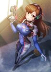  absurdres animal_print bad_id bad_pixiv_id bangs bodysuit boots bracer breasts brown_eyes brown_hair bunny_print closed_mouth contrapposto covered_navel d.va_(overwatch) emblem eyebrows eyebrows_visible_through_hair facepaint facial_mark finger_on_trigger full_body gloves gui_ss gun hand_up handgun headphones highres holding holding_gun holding_weapon lips lipstick logo long_hair long_sleeves looking_at_viewer makeup mecha medium_breasts overwatch pauldrons pilot_suit pink_lips pink_lipstick ribbed_bodysuit shoulder_pads skin_tight smile solo standing thigh_boots thigh_strap thighhighs turtleneck weapon whisker_markings white_footwear white_gloves 