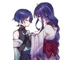  1boy 1girl alternate_universe animal_print bare_shoulders belt bird_print black_belt black_bodysuit black_hair black_shorts blue_bow blue_kimono blue_sash blunt_ends bodysuit bow braid breasts bridal_gauntlets clenched_hand closed_eyes closed_mouth covered_collarbone eyelashes eyeliner facing_another furisode genshin_impact gold_ring gold_trim hair_intakes hand_on_another's_face hand_up highres holding_another's_arm japanese_clothes juban kimono large_breasts light_blush long_hair low-braided_long_hair low-tied_long_hair makeup middle_ring mitsudomoe_(shape) moo_(moo_8986) mother_and_son multicolored_hair obi obiage off_shoulder open_clothes open_hand open_kimono pink_bridal_gauntlets purple_hair purple_kimono purple_shrug purple_sleeves raiden_shogun red_eyeliner red_sash sash scaramouche_(genshin_impact) short_sleeves shorts shrug_(clothing) sideboob sideways_mouth streaked_hair tomoe_(symbol) wanderer_(genshin_impact) white_background white_kimono white_sleeves white_trim wide_sleeves 