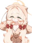  1girl absurdres animal_hood blonde_hair blue_archive blush bow breasts brown_hoodie check_commentary cleavage closed_mouth collarbone commentary_request cowboy_shot fluffy_hair green_eyes hair_between_eyes hair_bow halo highres hood hood_up hoodie long_hair long_sleeves looking_at_viewer low_twintails professor_niyaniya_(blue_archive) red_bow redfox_han side_ahoge simple_background small_breasts solo twintails white_background yellow_halo 