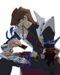  1boy amputee arm_strap artist_request black_pants black_shirt bleeding blood blood_on_clothes blood_on_hands blood_splatter blood_spray blue_eyes bound bound_arms brown_hair card clenched_teeth coat crazy_eyes crazy_smile deep_wound dismemberment duel_disk evil_grin evil_smile facing_to_the_side grin guro holding holding_card injury invisible_chair jewelry kaiba_seto leaning_forward long_sleeves looking_ahead male_focus necklace open_clothes open_coat pants popped_collar pulling pulling_arm rope rope_in_mouth severed_arm severed_limb shirt sitting sleeveless sleeveless_coat smile source_request spread_legs sweatdrop teeth third-party_source tourniquet white_background white_coat yu-gi-oh! yu-gi-oh!_duel_monsters 