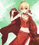  ahoge bare_shoulders blonde_hair bracelet breasts choker cleavage commentary_request dress eyebrows eyebrows_visible_through_hair fate/extra fate_(series) green_eyes hair_between_eyes hair_ribbon jewelry looking_at_viewer medium_breasts navel necklace nero_claudius_(fate) nero_claudius_(fate)_(all) red_dress red_ribbon ribbon sarong solo stomach tsuedzu 