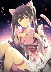  1boy animal_ears bracelet cho_kaguya-hime! commentary_request crossdressing crossdressing_(mtf) detached_sleeves head_tilt heart heart_hands highres horns japanese_clothes jewelry komazawa_noi looking_at_viewer male_focus mintpmintp multicolored_hair ribbon solo streaked_hair tail thigh_strap tongue tongue_out twintails watermark 