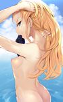  adjusting_hair arms_up ass assam blonde_hair blue_eyes breasts cloud cowboy_shot day earrings fingernails from_behind girls_und_panzer highres hip_bones jewelry long_hair looking_at_viewer looking_back mouth_hold nipples noripachi nude profile shiny shiny_skin sky small_breasts solo 