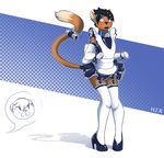  2016 anthro bell black_hair black_nose blue_collar blue_lips blush cat clothed clothing collar colored crossdressing digital_drawing_(artwork) digital_media_(artwork) duo embarrassed feline footwear front_view fur girly hair helixjack high_heels legwear leochingu maid_uniform male mammal rubber simple_background solo_focus standing tan_fur thigh_highs uniform yellow_eyes 