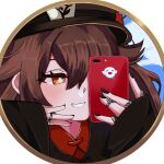  1girl absurdres black_nails blush boo_tao_(genshin_impact) border brown_hair cellphone flower-shaped_pupils genshin_impact grin hair_between_eyes hat highres hu_tao_(genshin_impact) jewelry long_sleeves makyken multiple_rings one_eye_covered phone red_eyes ring round_border sleeves_past_wrists smartphone smile solo symbol-shaped_pupils wide_sleeves 