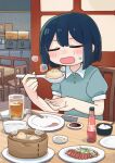  1girl bamboo_steamer black_hair blunt_ends blurry blush bob_cut bottle center-flap_bangs chair chinese_spoon chopsticks closed_eyes commentary_request cup depth_of_field double-parted_bangs drink drinking_glass dumpling eating empty_plate food furrowed_brow hands_up holding holding_spoon indoors mamezara meal napkin no_nose on_chair open_mouth original plate puffy_short_sleeves puffy_sleeves restaurant short_hair short_sleeves sliding_doors solo soy_sauce spoon steam sweatdrop table u_u wing_collar wooden_chair wooden_table xiaolongbao yomoi_nui 