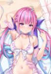  1girl ahoge aqua_hair aqua_nails arm_garter arm_up armpits artist_name bare_shoulders beach bikini blush bow bow_bikini braid breasts choker closed_mouth collarbone commentary_request curly_hair dakimakura_(medium) detached_sleeves fingernails frilled_bikini frilled_choker frills highres hololive long_hair looking_at_viewer lying minato_aqua multicolored_hair nail_polish navel on_back pink_choker pink_eyes pink_hair pink_sleeves sand second-party_source shell smile solo stomach streaked_hair swimsuit tongue tongue_out twintails two-tone_hair virtual_youtuber white_bikini white_bow 