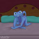 all_fours amphibian bed bed_sheet bedding bedroom_eyes buckteeth frog furniture genitals grabbing_sheets hi_res humanoid layon lizard male markings narrowed_eyes nude penis pillow reptile scalie seducing_viewer seductive solo spots spotted_markings tail tapering_penis teeth whitesky