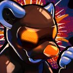 2025 abstract_background ambiguous_gender anthro boreal_(whiskpa) digital_media_(artwork) drone glistening hi_res hypnotic_visor icon latex mammal mustelid orange_eyes otter sexotheque toy toysuit