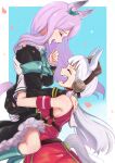  2girls animal_ears aqua_socks armband bare_shoulders black_jacket black_skirt blunt_bangs blush bow bowtie breasts brown_hat closed_eyes coat commentary_request confetti crying dress ear_bow ear_ribbon frilled_coat frilled_jacket frills gloves gold_ship_(red_strife)_(umamusume) gold_ship_(umamusume) grey_hair happy_tears hat highres horse_ears horse_girl horse_tail jacket lifting_person long_hair long_sleeves mejiro_mcqueen_(frontline_elegance)_(umamusume) mejiro_mcqueen_(umamusume) momami_mo_ma multiple_girls open_mouth partial_commentary pillbox_hat purple_hair red_dress skirt sleeveless sleeveless_dress smile socks striped_armband striped_clothes tail tears teeth umamusume white_gloves 
