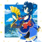  1girl angelic_angel blue_hair blue_kimono blue_sleeves bow braid braided_hair_rings closed_eyes closed_mouth detached_sleeves floral_print hair_rings hand_fan highres holding holding_fan japanese_clothes kimono long_hair love_live! love_live!_school_idol_project obi official_alternate_costume ohayo_tamago outdoors print_sleeves red_bow sash solo sonoda_umi standing thighhighs twin_braids twitter_username 