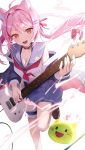  1girl :d absurdres ahoge animal_ear_fluff animal_ears blue_skirt blush bobby_pin breasts charon_universe choker cleavage clrawing commentary_request ellie_(charon_universe) guitar hair_ribbon highres holding holding_instrument holding_plectrum instrument korean_commentary lens_flare loafers long_hair looking_at_viewer medium_breasts off_shoulder open_clothes pink_eyes pink_hair pleated_skirt plectrum ribbon school_uniform serafuku shoes skirt smile solo standing standing_on_one_leg thigh_strap 