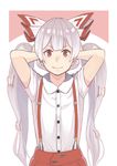  adjusting_hair arms_behind_head arms_up bad_id bad_pixiv_id bangs blunt_bangs bow buttons collared_shirt commentary_request fujiwara_no_mokou hair_bow long_hair looking_at_viewer multi-tied_hair p_no_hito pink_background red_eyes shiny shiny_hair shirt short_sleeves smile solo suspenders touhou twintails upper_body very_long_hair white_background white_hair white_shirt 