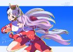  2girls animal_ears aqua_bow blunt_bangs blush bow breasts brown_hat commentary_request ear_bow ear_ribbon gold_ship_(umamusume) grey_hair hat horse_ears horse_girl horse_tail jacket long_hair long_sleeves mejiro_mcqueen_(umamusume) momami_mo_ma multiple_girls open_mouth partial_commentary pillbox_hat purple_eyes purple_hair red_jacket red_shorts running shorts smile tail tracen_training_uniform track_jacket umamusume 