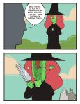 2025 5_fingers absurd_res ambiguous_gender anthro black_clothing black_hat black_headwear bonnymama7 closed_smile clothed clothed_humanoid clothing cloud comic day digital_drawing_(artwork) digital_media_(artwork) elphaba_(bonnymama7) english_text evil_grin female_(lore) fingers first_page flat_colors freckled_face freckles front_view fully_clothed fully_clothed_humanoid furrowed_brow gesture green_body green_skin group hair half-length_portrait hat headgear headwear hi_res holding_knife holding_object humanoid humanoid_pointy_ears knife looking_at_another mouth_closed narrowed_eyes nefarious_intentions outside pointy_ears portrait red_hair side_view silhouette simple_eyes small_comic smile snout solo_focus sparkles speech_bubble talking_to_another text waving witch_hat