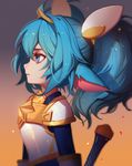  alternate_costume alternate_hairstyle blue_eyes blue_gloves blue_hair breastplate fang from_side gloves greaves highres league_of_legends long_hair magical_girl md5_mismatch poppy resized solo songjikyo star star-shaped_pupils star_guardian_poppy symbol-shaped_pupils tiara twintails upscaled weapon 