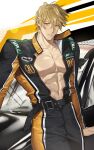  1boy abs arm_support bags_under_eyes belt black_belt black_car blonde_hair car collar collarbone collared_jacket cowboy_shot hair_between_eyes jacket jumpsuit large_pectorals leaning_back looking_at_viewer male_focus motor_vehicle muscular muscular_male navel nipple_slip nipples nu_carnival open_clothes open_jacket orange_collar orange_eyes pants parted_lips pectoral_cleavage pectorals quincy_(nu_carnival) racing_suit riba_river short_hair simple_background solo zipper 