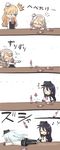  0_0 4girls 4koma ^_^ akatsuki_(kantai_collection) bare_shoulders black_hair black_legwear black_skirt blonde_hair blue_eyes blush bottle braid chibi closed_eyes comic directional_arrow drunk engiyoshi flat_cap french_braid glass grey_hair hair_between_eyes hat hibiki_(kantai_collection) highres kantai_collection long_hair long_sleeves lying messy_hair mini_hat multiple_girls neckerchief on_stomach open_mouth pantyhose pleated_skirt pola_(kantai_collection) school_uniform serafuku shirt silver_hair skirt sliding smile t_t tears translated wavy_hair white_shirt zara_(kantai_collection) 