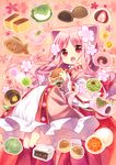  animal_ears barefoot blush cat_ears cookie dress fangs flower food kagami_leo long_hair long_sleeves open_mouth original pink_hair red_eyes robe solo 