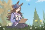  1girl absurdres animal_ears blue_flower blue_hat blue_rose blue_sky bow bowtie brown_hair closed_mouth commentary flipped_hair flower hair_over_one_eye hat hat_flower highres holding holding_pencil holding_sketchbook horse_ears horse_girl long_hair long_sleeves myticalcat outdoors pencil pleated_skirt purple_eyes purple_sailor_collar purple_serafuku purple_shirt purple_thighhighs rice_shower_(umamusume) rose sailor_collar sailor_shirt school_uniform serafuku shirt sitting sketchbook skirt sky smile solo thighhighs tilted_headwear tracen_school_uniform tree umamusume untranslatable_commentary wariza white_bow white_bowtie 