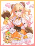  1girl animal_bag animal_ears animal_hands anko_(kp2eom) arm_garter bear_ears bear_paws bell blonde_hair blush border bow bowtie breasts brown_bow brown_bowtie brown_corset chibi chibi_inset cleavage cleavage_cutout clothing_cutout commentary_request corset cowboy_shot crossed_bangs cutout_above_navel fake_animal_ears flower frilled_shirt frilled_skirt frills gloves gradient_border gradient_hair green_eyes grid_background hair_flower hair_ornament hand_up heart highres hololive jingle_bell layered_skirt long_hair looking_at_viewer momosuzu_nene momosuzu_nene_(1st_costume) momosuzu_nene_(seal) multicolored_bow multicolored_bowtie multicolored_hair multicolored_skirt neck_bell nekko_(momosuzu_nene) open_mouth orange_border orange_bow orange_bowtie orange_shirt orange_skirt pajamas paw_gloves peach_ornament pink_border pink_flower pink_hair shirt sidelocks skirt sleeveless smile two_side_up underbust v-shaped_eyebrows virtual_youtuber white_background yellow_bow yellow_bowtie yellow_pajamas yellow_skirt 